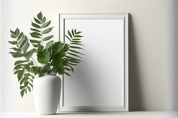 Minimalist Interior Vertical Frame Mockup with Plant in Vase on White Wall Background - Perfect for Displaying Artwork, Photos, and Posters