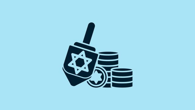 Blue Hanukkah dreidel and coin icon isolated on blue background. 4K Video motion graphic animation