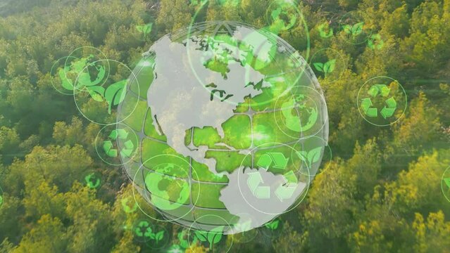 Green forest aerial view and environmental technology concept. Green tech. Ecology. Green transformation. GX. SDGs. High quality 4k footage