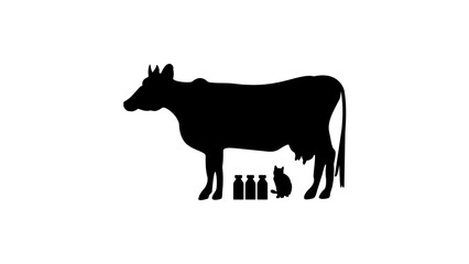 Silhouette of a cow, a cat looks at a cow, wants milk, milk bottles