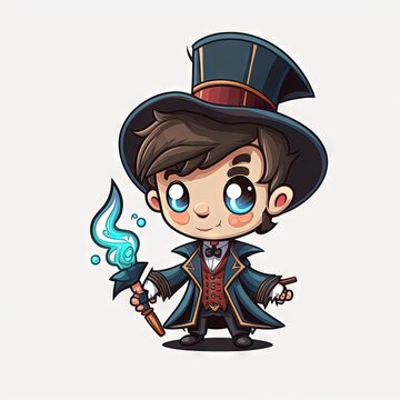  a cartoon character with a hat and a wand in his hand, holding a blue flamer and a hat on his head, with a top hat on his head, and a white background.  generative ai