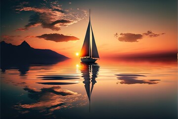 Fototapeta premium a sailboat is sailing in the water at sunset with a mountain in the background and a reflection of the sun in the water on the water. generative ai
