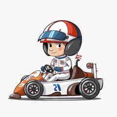  a cartoon character is driving a race car with a helmet on and a helmet on his head and a helmet on his head, and a helmet on his head, and a white background.  generative ai - obrazy, fototapety, plakaty