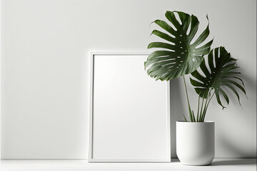 Minimalist Interior Vertical Frame Mockup with Plant in Vase on White Wall Background - Perfect for Displaying Artwork, Photos, and Posters