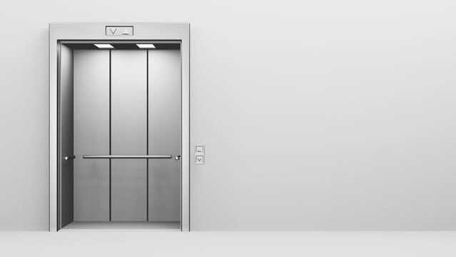 3D elevator door on left side opening to reveal lift inside. Seamless loop, 3D Rendered 4K animation. Business, Success, Optimism