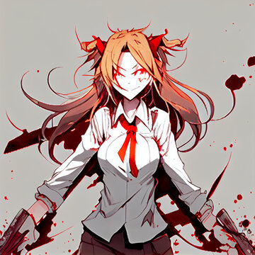 The crazy demon girl presents her hands pistols to temples, smiling, her eyes are red, she is covered with blood from her feet to her head in a thick shirt with a tie. 2d hand drawn anime art