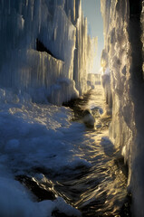 Landscape with frozen waterfalls and water. Frozen fantasy. Generative AI