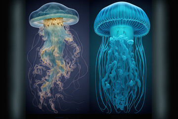  two jellyfishs are shown in blue and white colors, one is a blue one and the other is a blue one with white.  generative ai