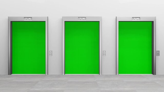 Closing and Opening Elevator Lift doors 4K Animation with Green Screen. Three Modern elevators animation for keying. 3D lift animation. 3D Render