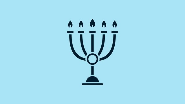 Blue Hanukkah menorah icon isolated on blue background. Hanukkah traditional symbol. Holiday religion, jewish festival of Lights. 4K Video motion graphic animation