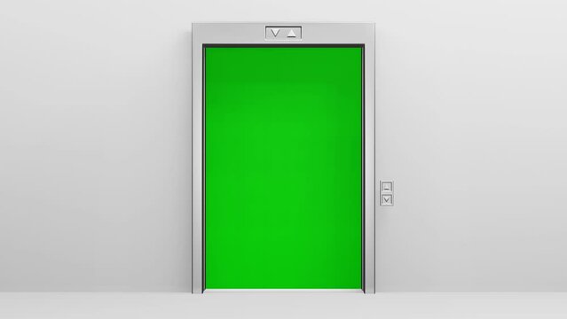 Modern elevator lift doors opening and closing to reveal green screen. Choice. New opportunities. Business. Success. 4K Seamless looping animation. 3D Render