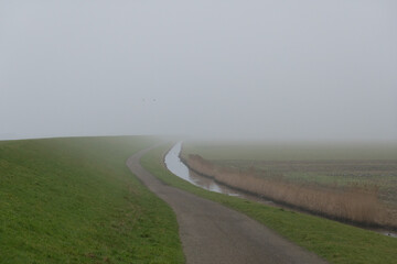 Foggy dutch landscape, a dike, a ditch and a path leading to the horizon