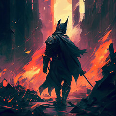 Evil knight in a horned helmet slowly walks with a curved sword through a burning ruined city with black Gothic buildings. Debris of ruins with flying ashes and sparks is everywhere 2d oil art
