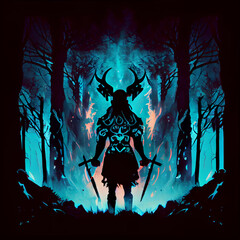 Fototapeta na wymiar silhouette of a sinister Viking woman with two axes in her hands stands in an epic pose in the middle of burning forest, her eyes clearly glow in the dark of the night forest like a demon, 2d blot art