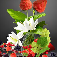 strawberry bouquet and grape   in glass vase fruita concept still life generated al