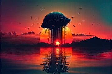  a painting of a jelly floating in the ocean at sunset with birds flying around it and a sun setting in the background with a bird flying over the water.  generative ai