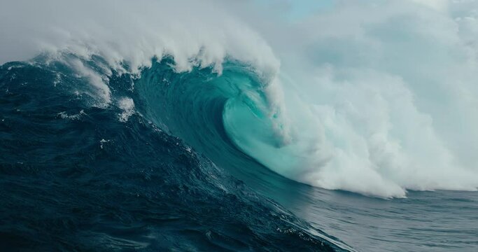 Heavy ocean wave breaking in slow motion, power of nature