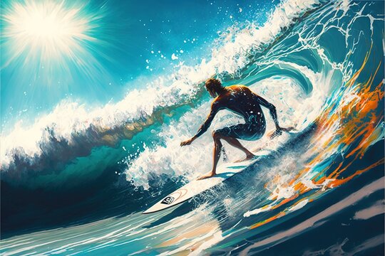  a painting of a surfer riding a wave in the ocean with the sun shining above him and the ocean foamy wave behind him,.  generative ai