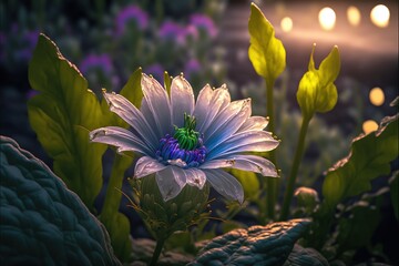  a flower with a blue center surrounded by green leaves and purple flowers with a light in the background and a blurry background of a street light in the distance, with a few lights.  generative ai