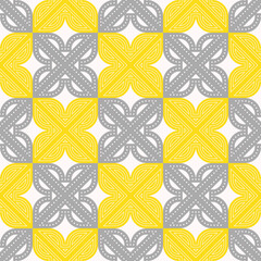 Dotted tiles pattern in yellow and gray on white background. Can be used for fashion graphics such as all-over print for fabrics, home decor such as wallpapers, tablecloths, bedclothes or for wrapping