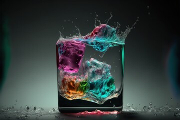 Colorful Glass of Splashing Drink With Ice Cubes. Generative AI.