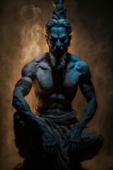 Fototapeta premium Portrait of a Jinn - Arabic Islam Blue Genie Creature. Generative AI.
