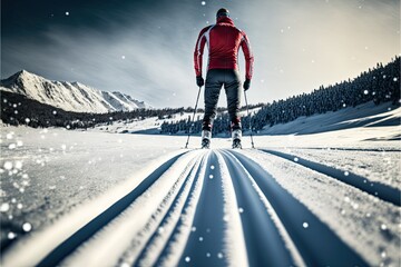 Cross Country Skier in Perfectly Prepared Ski Tracks. Generative AI. - obrazy, fototapety, plakaty