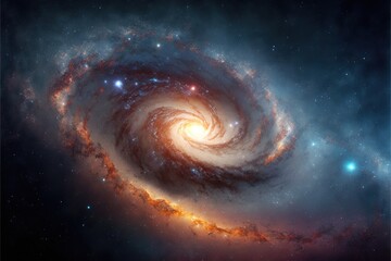 Fototapeta na wymiar a spiral galaxy with a bright center surrounded by stars and a blue sky with stars in the background and a bright orange center in the middle. generative ai