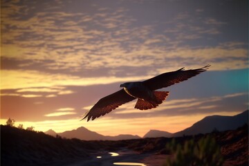Fototapeta na wymiar Eagle Soaring Through Rocky Desert Landscape At Dusk. Generative AI.