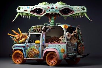 Obraz na płótnie Canvas Garbage zombie car, steampunk, junkfood zombie truck, futuristic skull