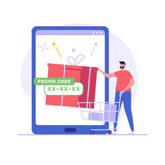 Man applies a promo code when buying a gift. Concept of promo code, loyal program, sales funnel, bargain, coupons, reward program, online gift purchase. Vector illustration in flat design