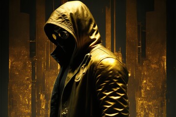 Mysterious Hooded Anonymous Man in Golden Jacket. Generative AI.