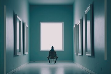 Loneliness Concept - Man in Room Filled With Empty Picture Frames. Generative AI.