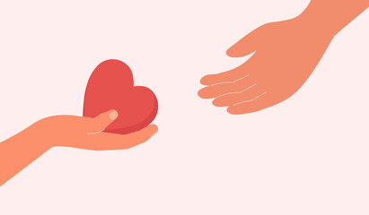 Hand holding heart and passing it from hand to hand. Volunteer or friend shares empathy and support for needy person vector illustration. Concept of psychological help, sharing love, donation, charity