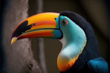  a colorful bird with a black beak and a yellow beak and a blue and orange beak and a black and orange beak and a brown background.  generative ai