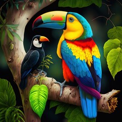  a colorful bird sitting on a branch next to a bird on a tree branch with leaves around it and a toucan in the background.  generative ai