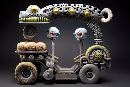 Garbage zombie car, steampunk, junkfood zombie truck, futuristic skull