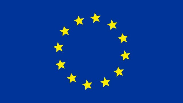 Animated increasing yellow twelve star circles from the center. Flag of EU. Looped video. Concept of European Union. Vector illustration isolated on blue background.