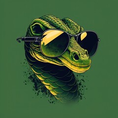  a green snake wearing sunglasses and a green background with a yellow stripe on the side of the head and a green background with a yellow stripe on the side of the head and a green.  generative ai - obrazy, fototapety, plakaty