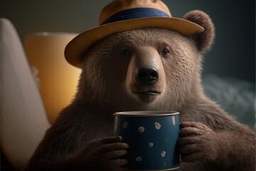 Obraz premium a bear wearing a hat and holding a cup of coffee in its paws and a candle in the background with a lit candle in the middle of the photo behind it, and a lit up. generative ai
