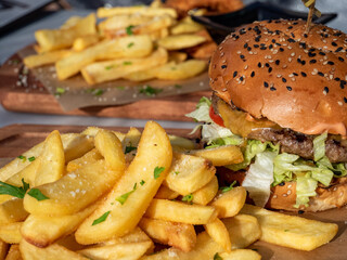 close-up of burger with french fries on wooden plateau