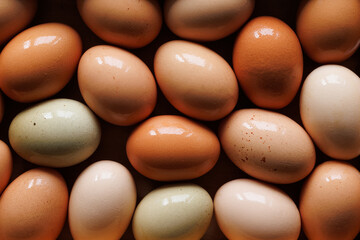 Chicken eggs with different colored shells, close-up view. Easter background