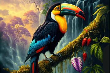  a painting of a toucan sitting on a branch in front of a waterfall with flowers and leaves around it, with a waterfall in the background.  generative ai