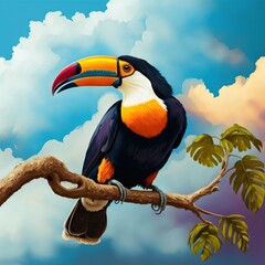 Obraz premium a colorful bird sitting on a branch with clouds in the background and a blue sky with clouds in the background and a yellow beak on the branch. generative ai