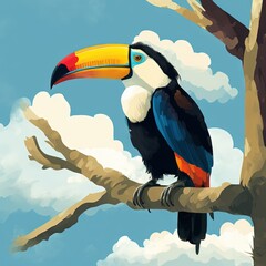 Obraz premium a colorful bird sitting on a tree branch with clouds in the background and a blue sky with white clouds behind it and a yellow beak. generative ai