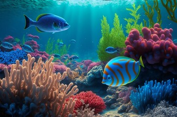 Obraz na płótnie Canvas Beautiful colorful fishes and corals on the sea background .Colorful underwater world ocean flora and fauna.AI generated.