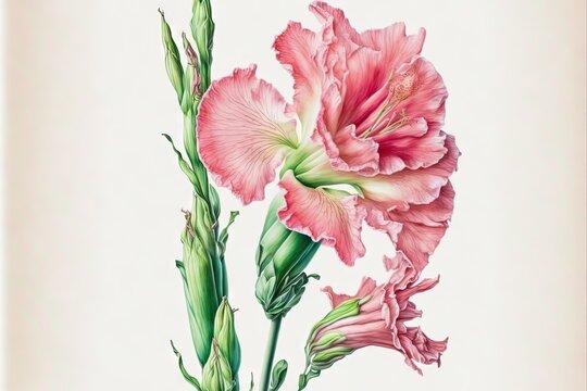  a painting of a pink flower with green stems and buds on a white background with a pink background and a white background with a pink flower.  generative ai