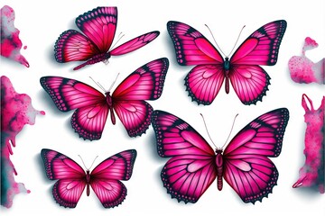 Obraz na płótnie Canvas a group of pink butterflies flying in the air with pink spots on them and a white background with a pink spot in the middle of the picture. generative ai