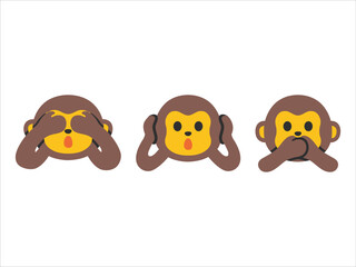 Gandhi's three monkey emoji vector set design. Isolated See-No-Evil Monkey, Hear-No-Evil Monkey, Speak-No-Evil Monkey, meme sign design. 