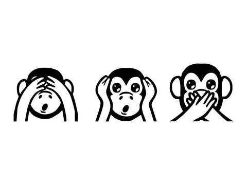 Gandhi's three monkey emoji vector set design. Isolated See-No-Evil Monkey, Hear-No-Evil Monkey, Speak-No-Evil Monkey, meme sign design. 